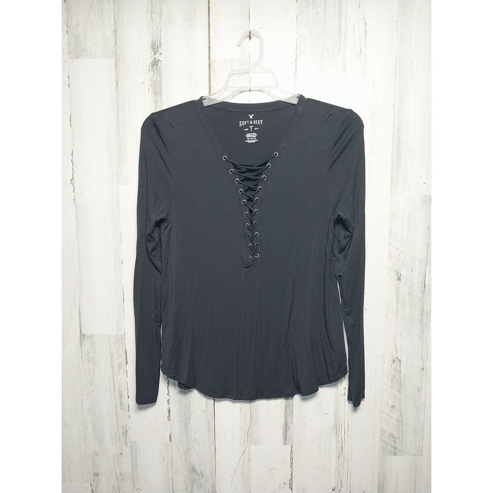 American Eagle Top Womens Medium Dark Gray Long Sleeve Blouse Stretch